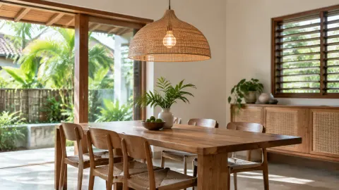 Meja makan kayu dengan lampu anyaman di ruang tropis