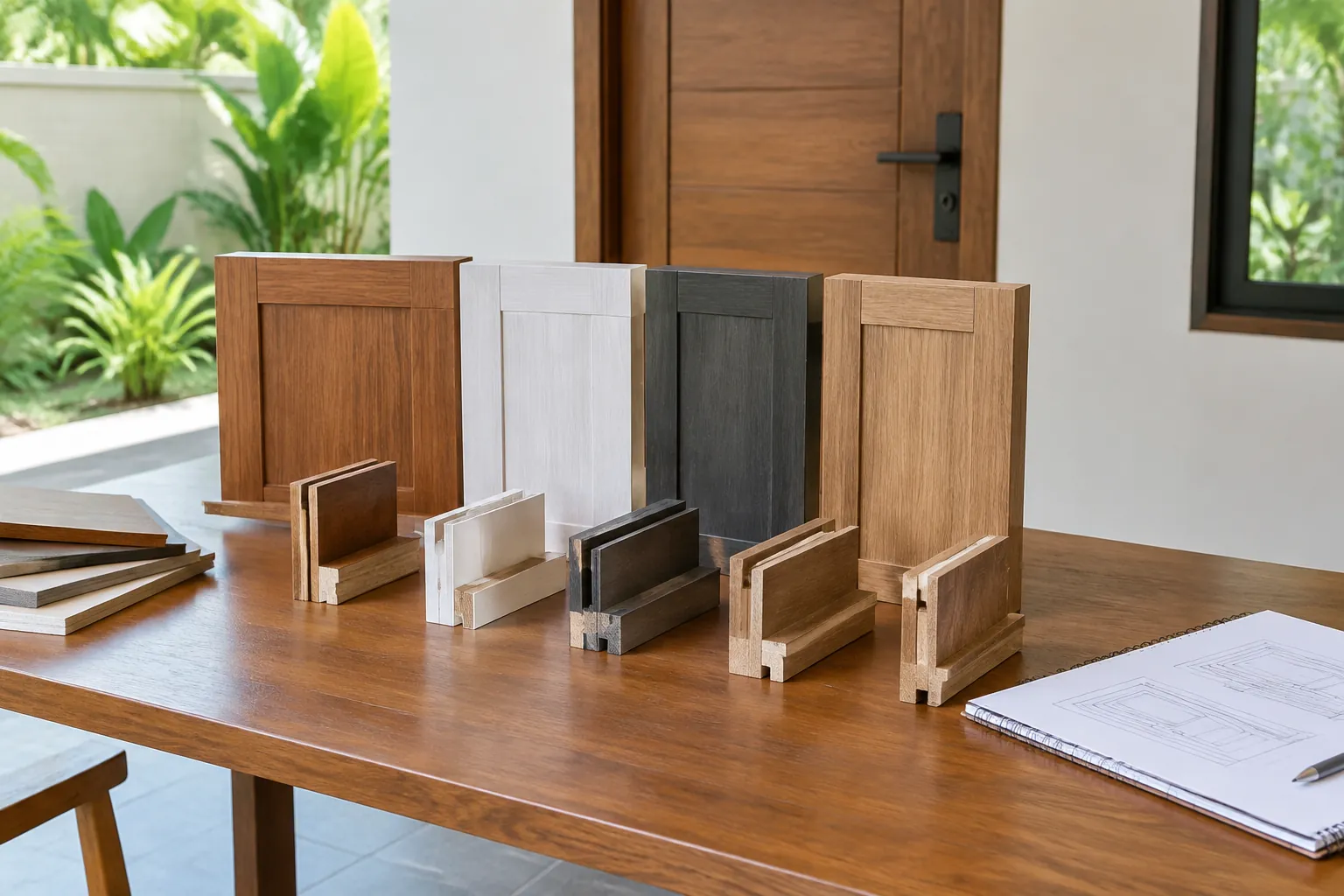 Contoh panel pintu warna kayu dan abu-abu di meja