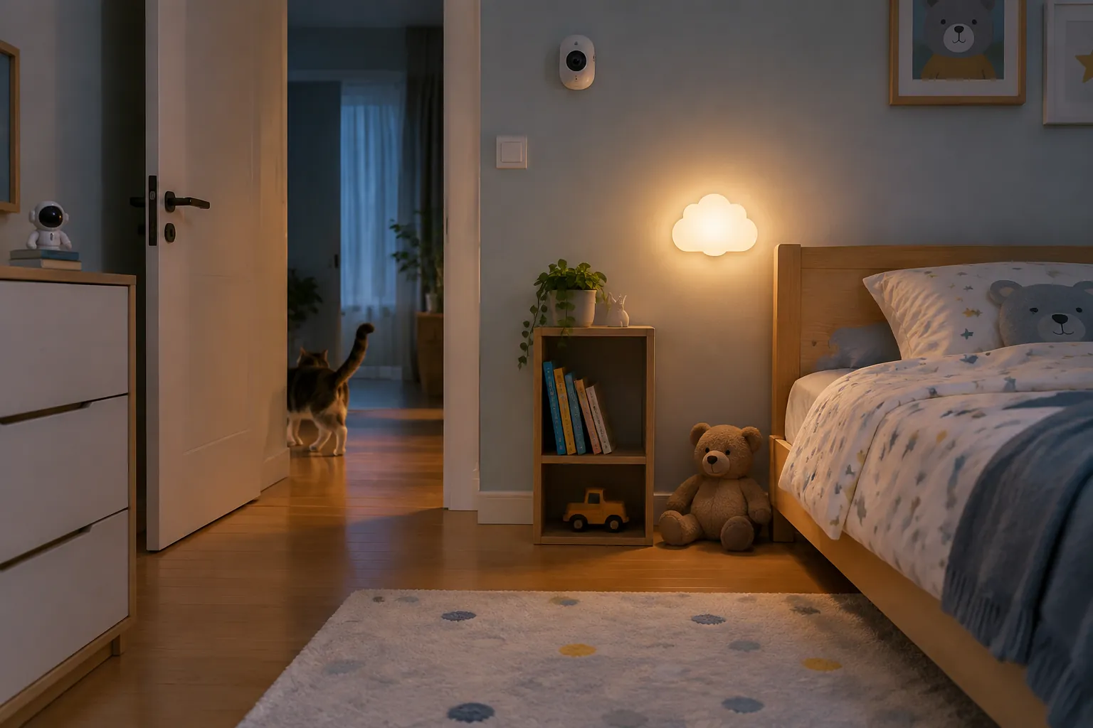Sensor pada dinding dan lampu menyala di kamar anak saat petang