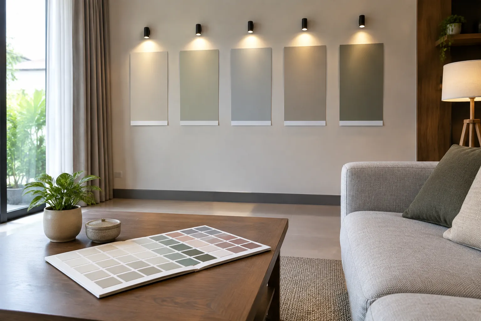 Lima panel contoh warna di bawah lampu dinding