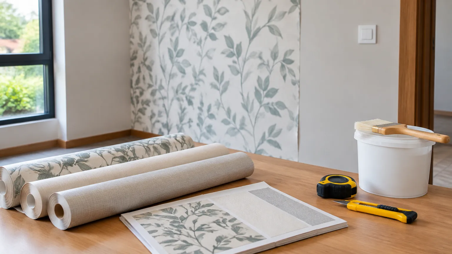 Gulungan wallpaper bermotif daun dan alat ukur disiapkan di depan dinding
