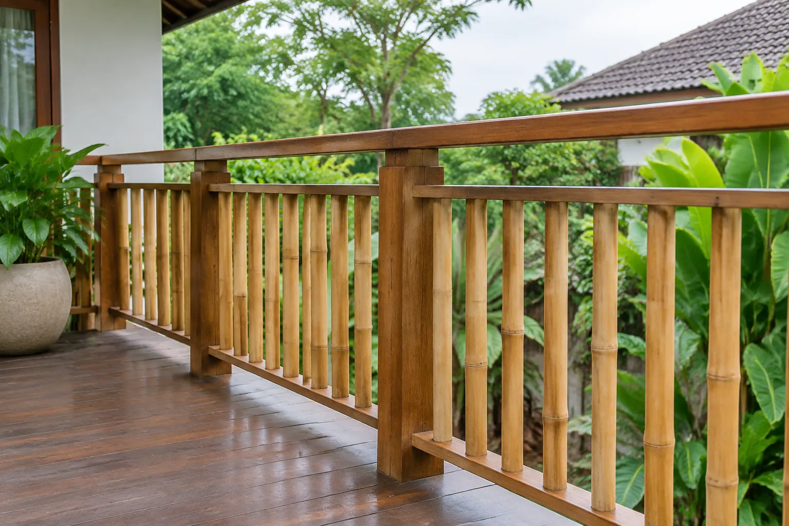 Pagar kayu luar ruang mengikuti sisi balkon yang terbuka