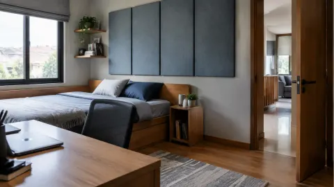 Kamar tidur remaja dengan panel empuk di dinding