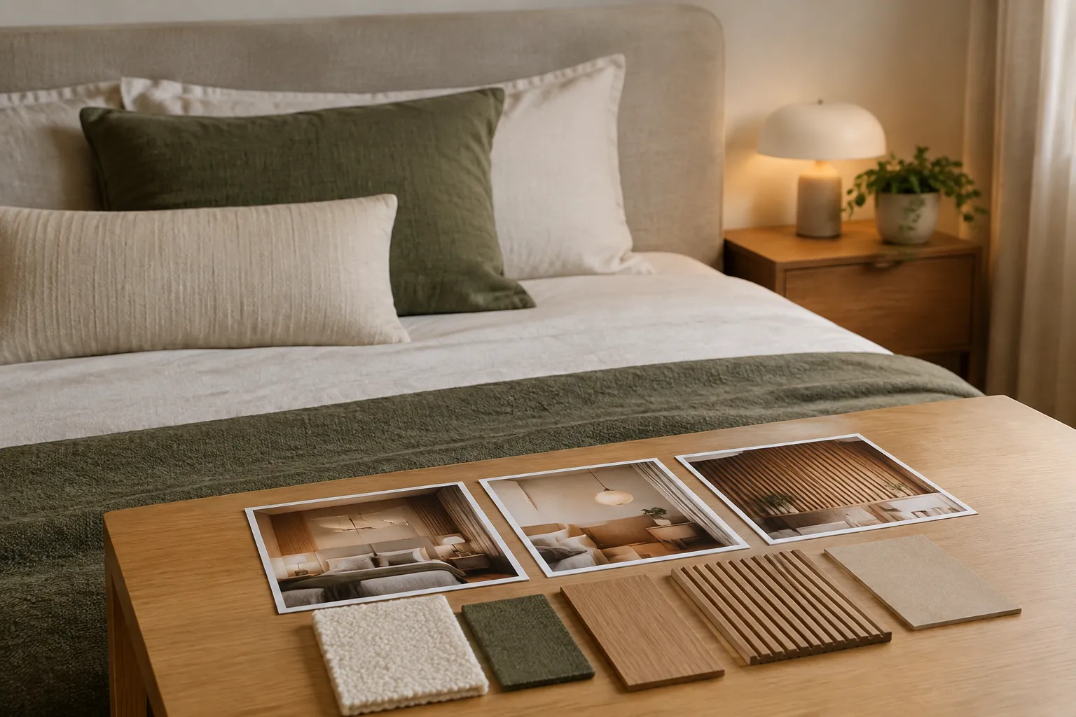 Sampel kain dan panel warna disusun bersama referensi kamar tidur