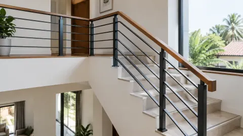 Railing logam dengan pegangan kayu pada tangga rumah