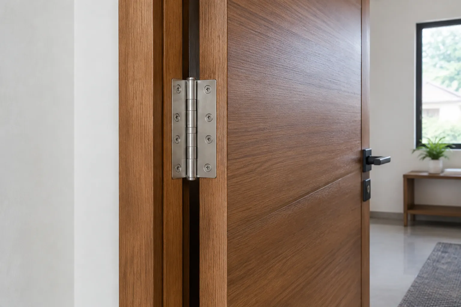 Engsel logam pada sisi pintu kayu