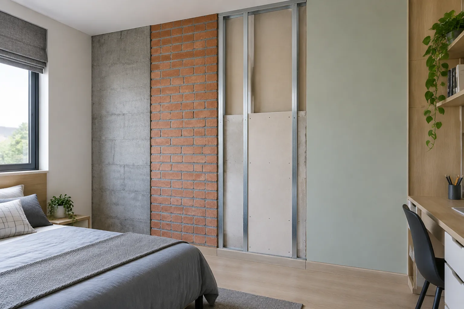 Dinding kamar remaja dengan bata dan rangka panel