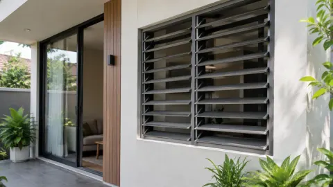 Kisi logam besar menutupi jendela pada dinding luar rumah