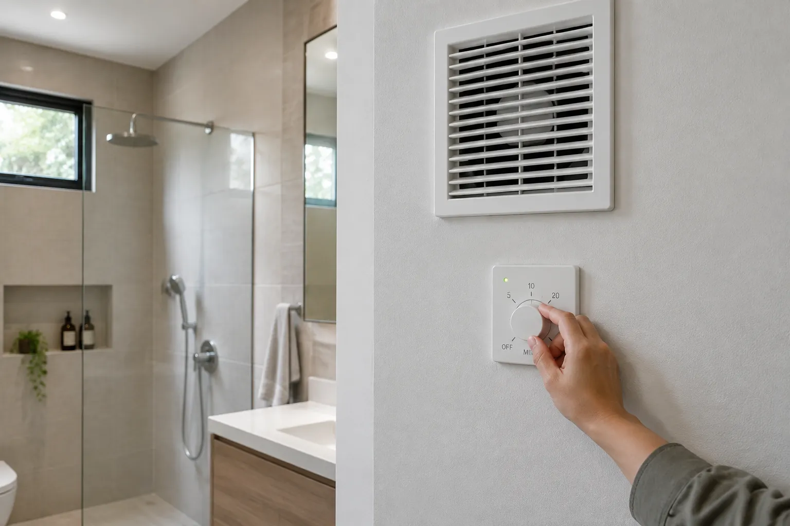 Pengatur waktu ventilasi diputar di bawah kisi kamar mandi