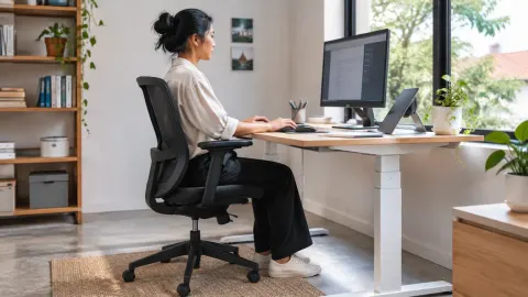 Seseorang duduk pada kursi kerja di depan monitor