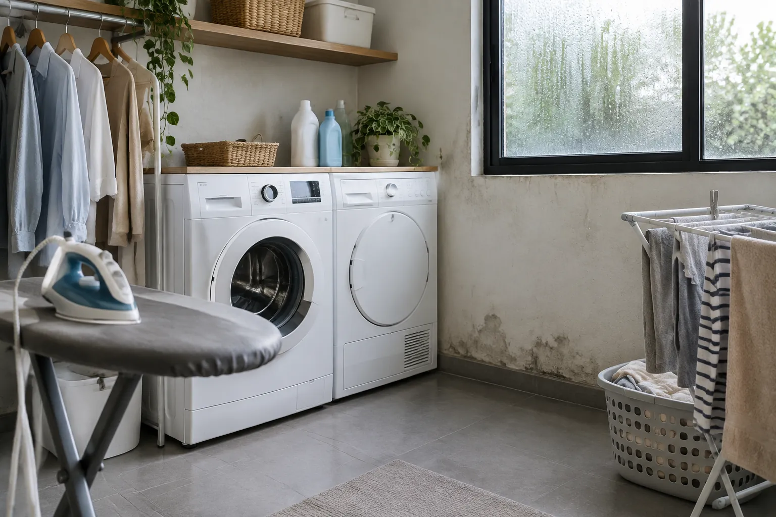 Noda lembap dan jamur terlihat pada bagian bawah dinding ruang laundry