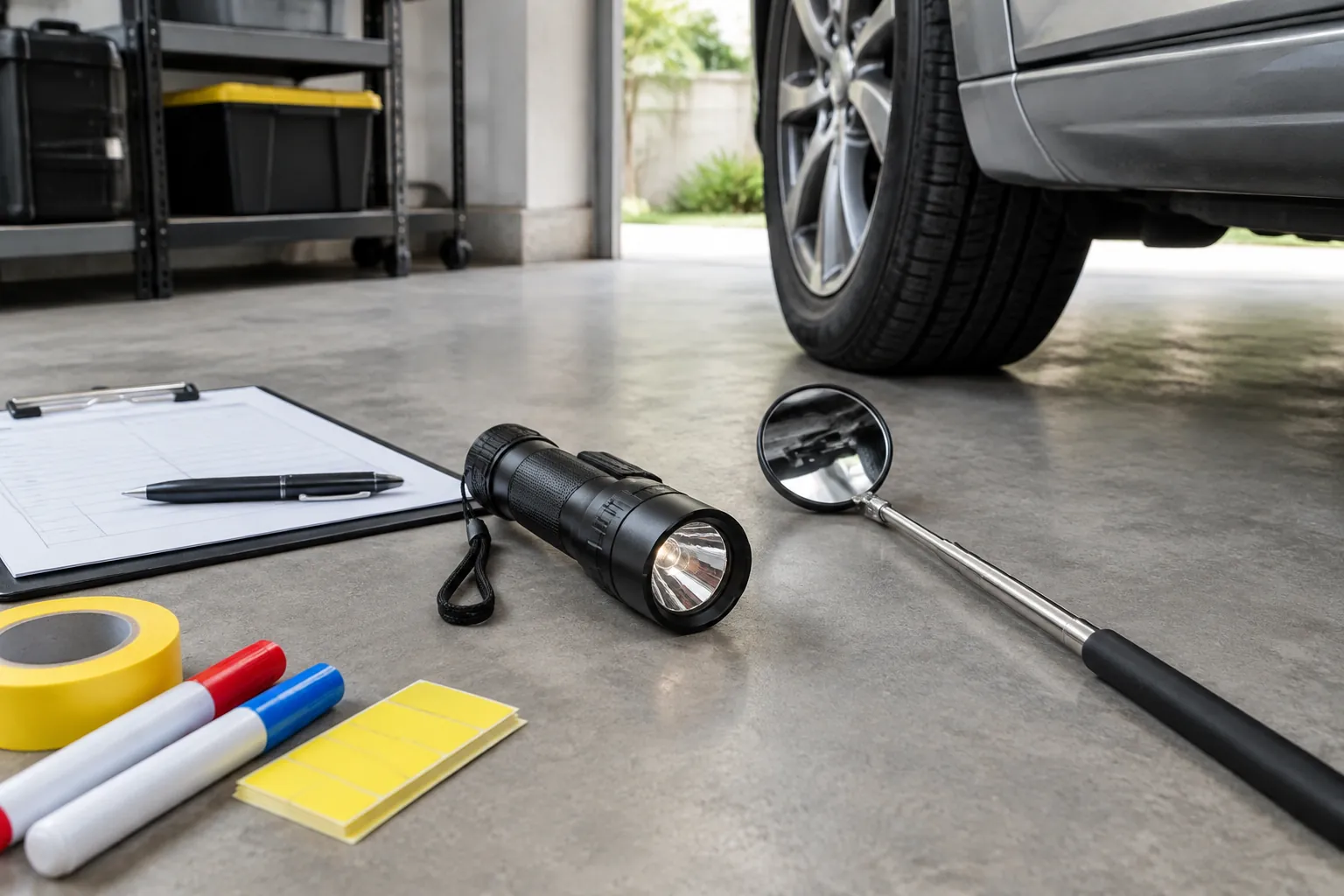Lampu senter dan cermin kecil dekat roda mobil