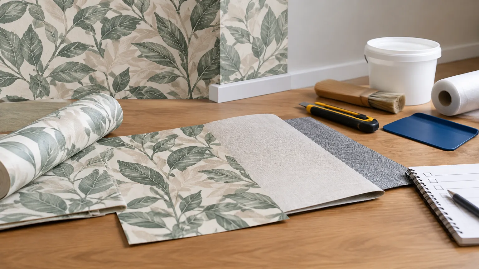 Sampel wallpaper bermotif daun bersama alat pemasangannya
