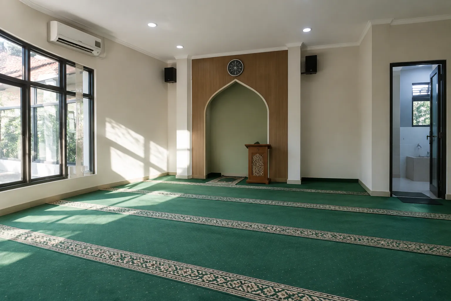Ruang ibadah dengan karpet hijau, jendela, dan pendingin udara