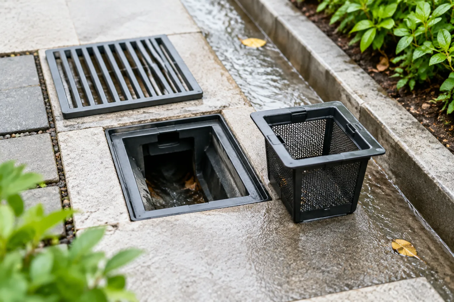 Keranjang filter diangkat dari inlet drainase halaman