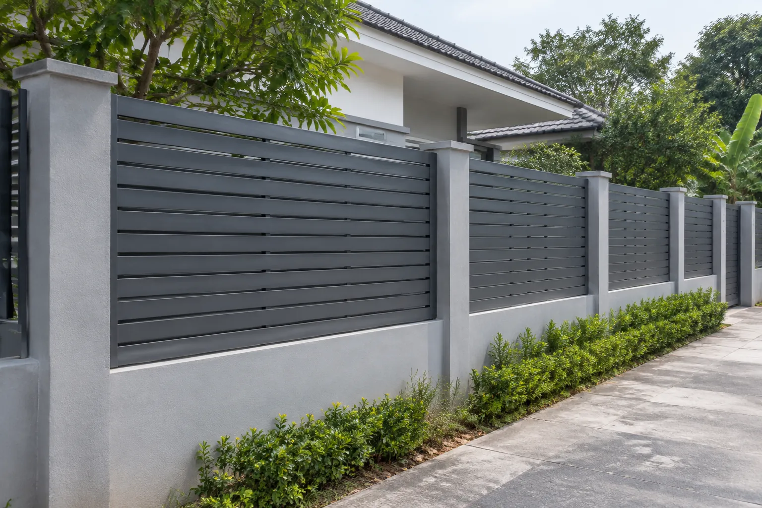 Pagar bilah abu-abu di depan rumah.