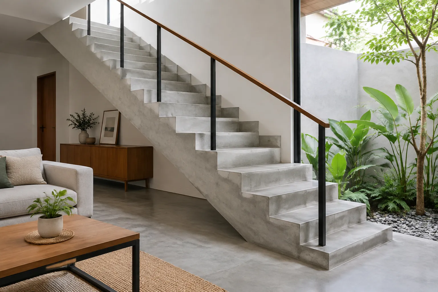 Tangga beton terbuka berada di tengah ruang rumah