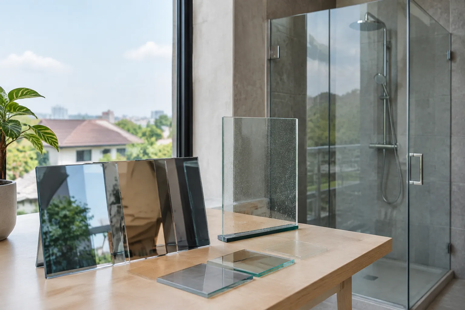 Contoh kaca berwarna dan bening di depan partisi kamar mandi
