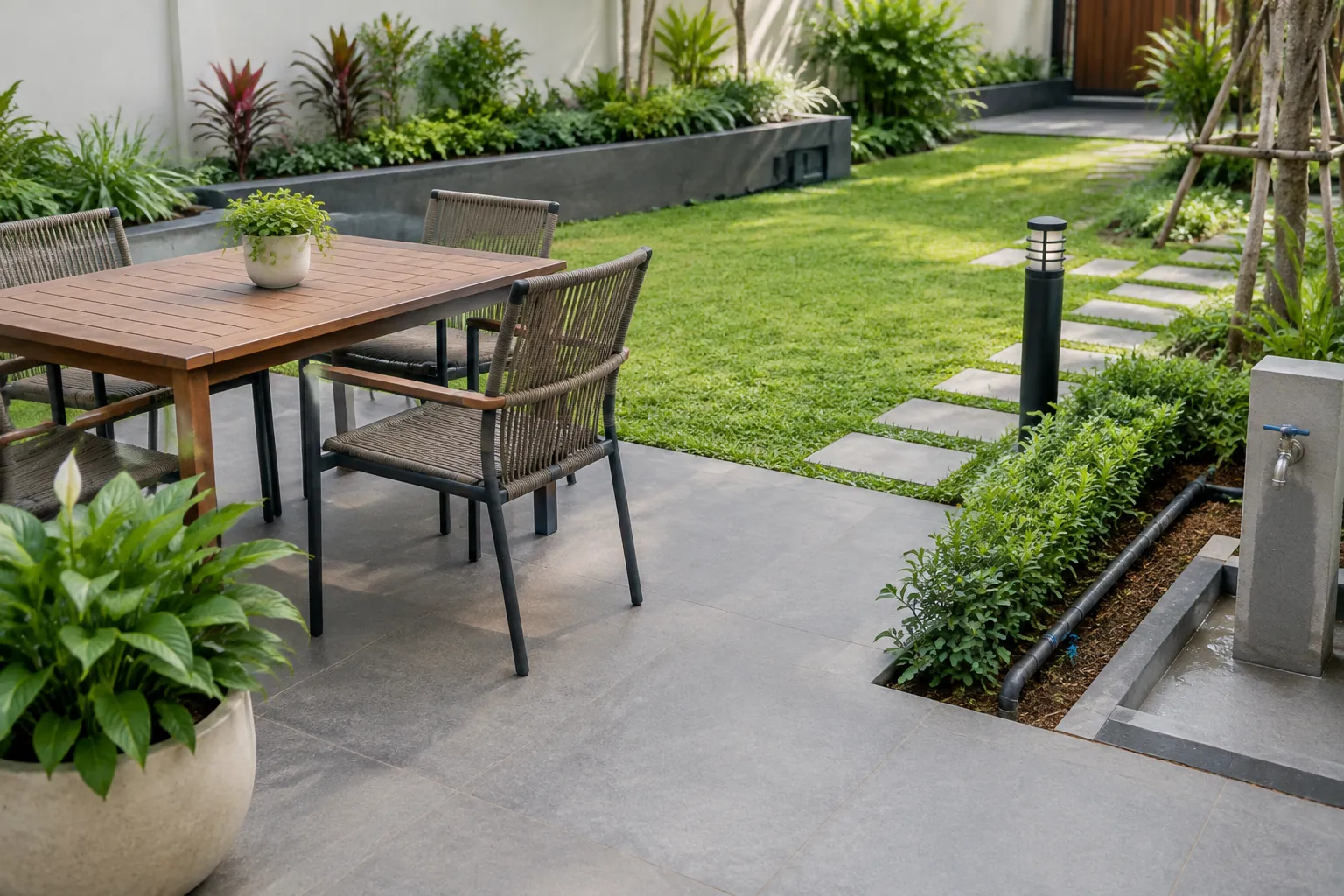 Area duduk taman di samping rumput, jalur pijakan, dan bedeng tanaman