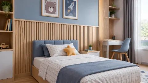 Kamar anak dengan aksen bilah kayu di belakang tempat tidur