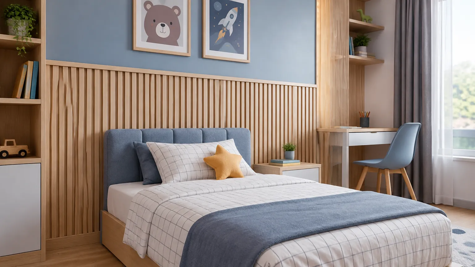 Kamar anak dengan aksen bilah kayu di belakang tempat tidur