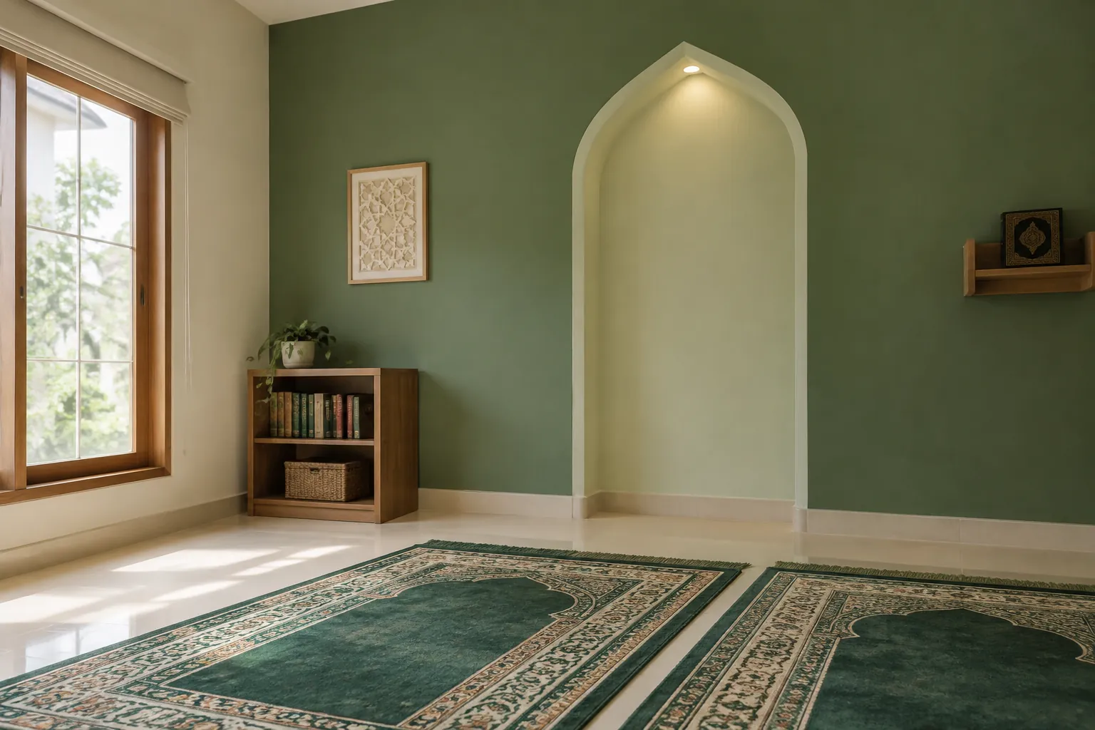 Mushola dengan karpet hijau dan dinding mihrab polos