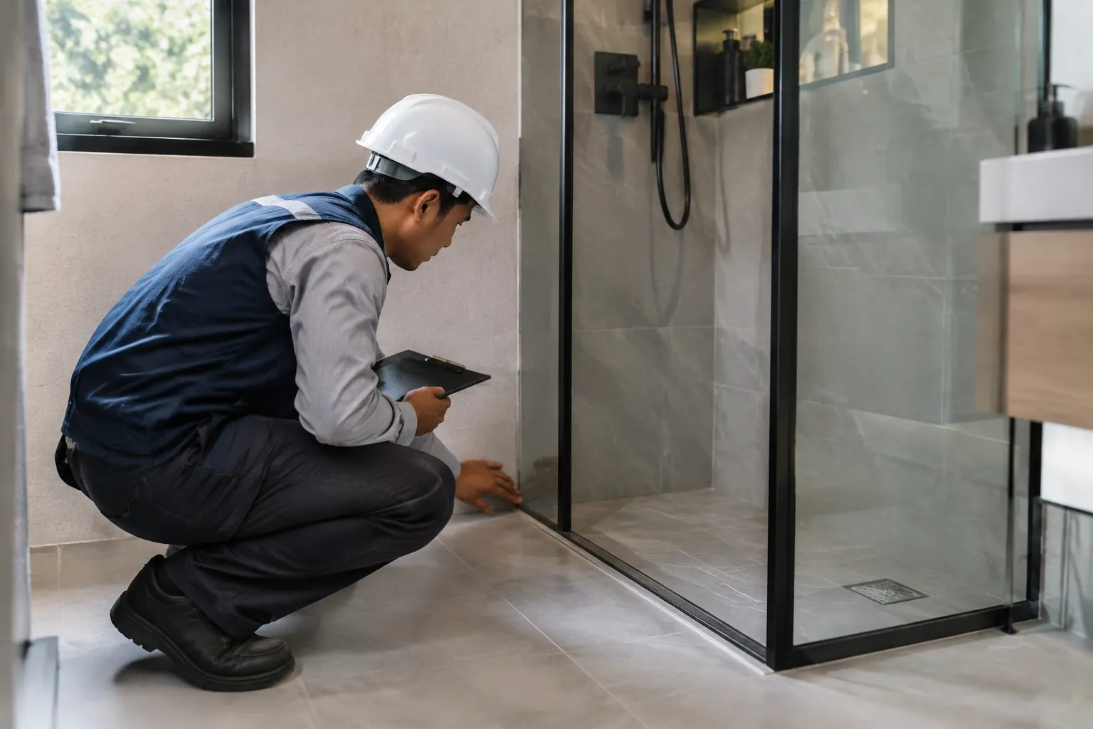 Pekerja memeriksa ambang shower.