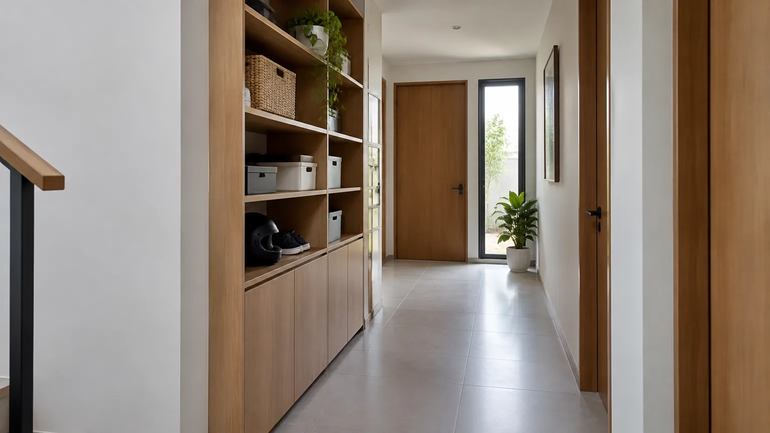 Lorong rumah dengan kabinet penyimpanan di satu sisi