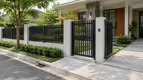 Gerbang logam di depan rumah dekat trotoar