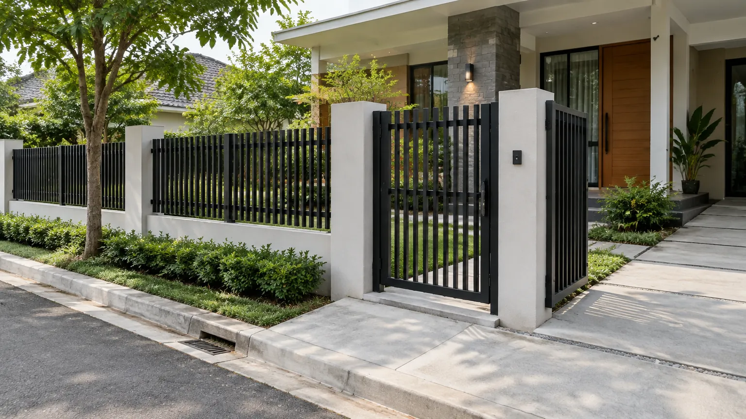 Gerbang logam di depan rumah dekat trotoar
