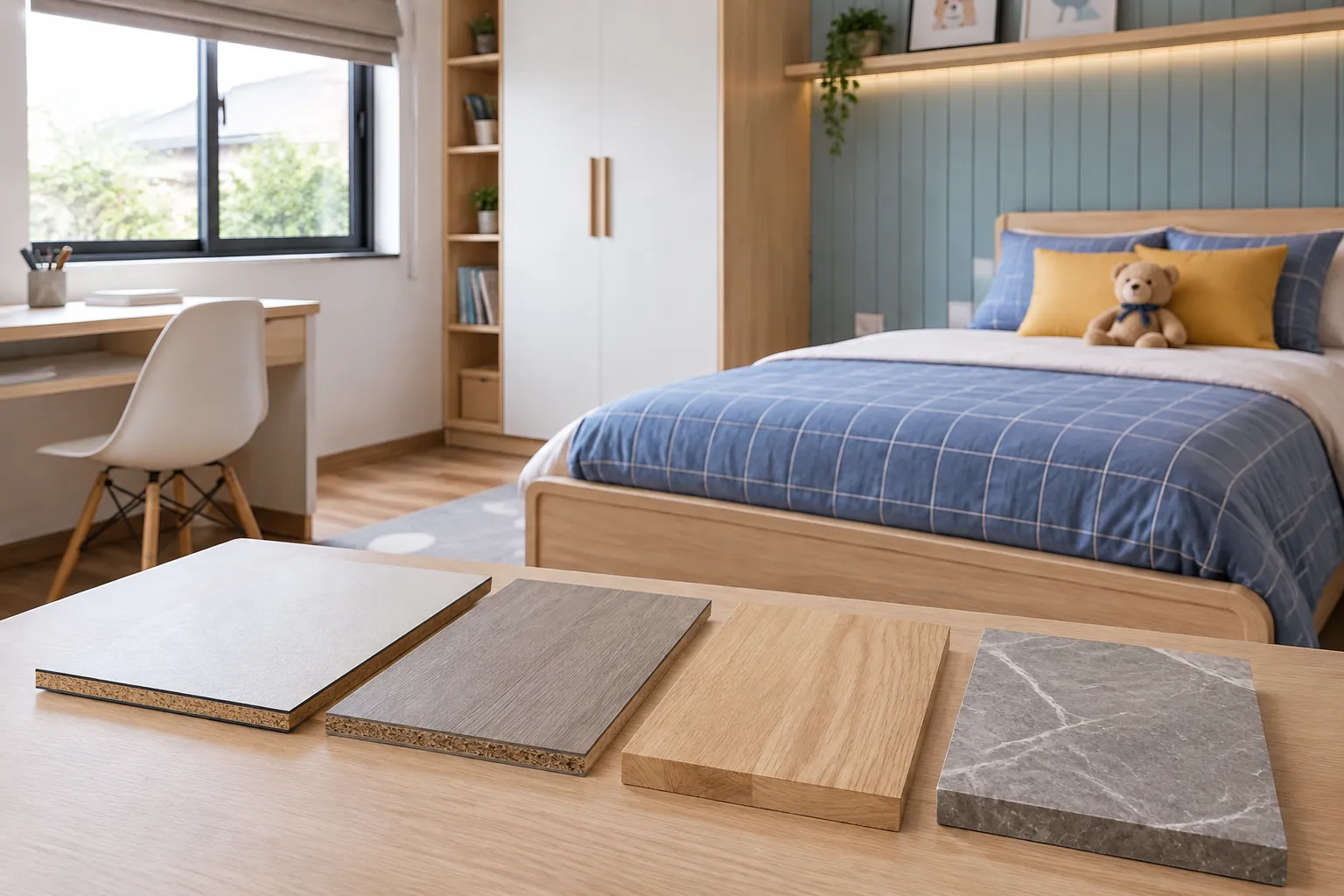 Beberapa contoh bahan panel dinding diletakkan di meja kamar anak