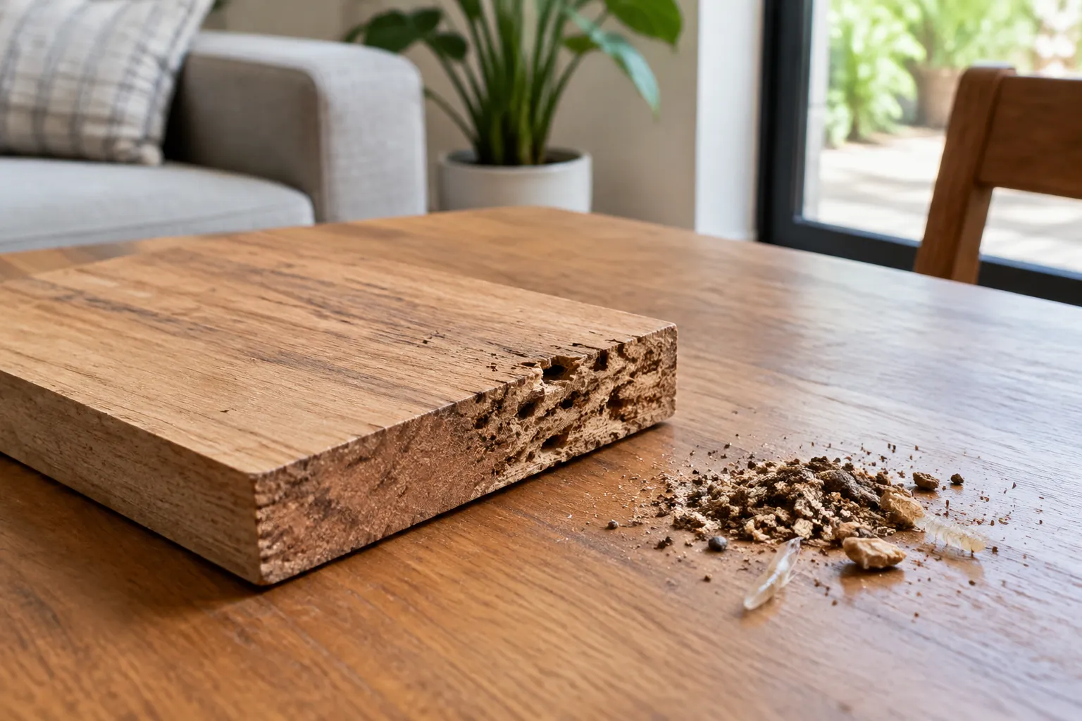 Serpihan di samping tepi papan kayu yang rusak