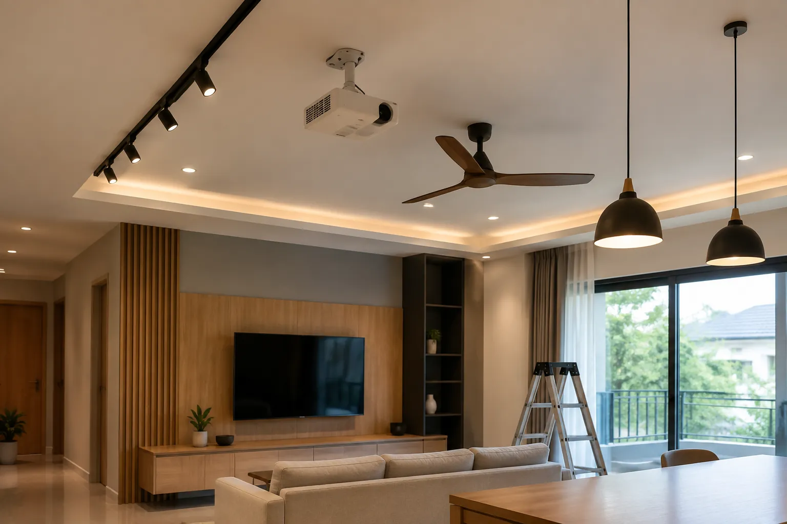 Ruangan dengan beberapa jenis lampu.