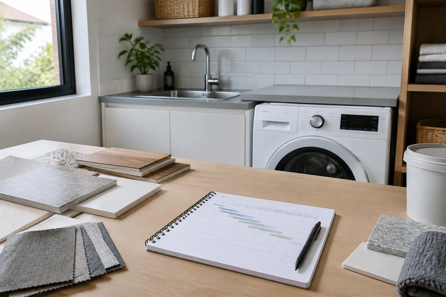 Sampel bahan dan rencana kerja di meja ruang laundry