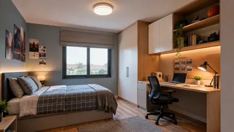 Kamar remaja dengan meja belajar dan lampu kerja dekat tempat tidur