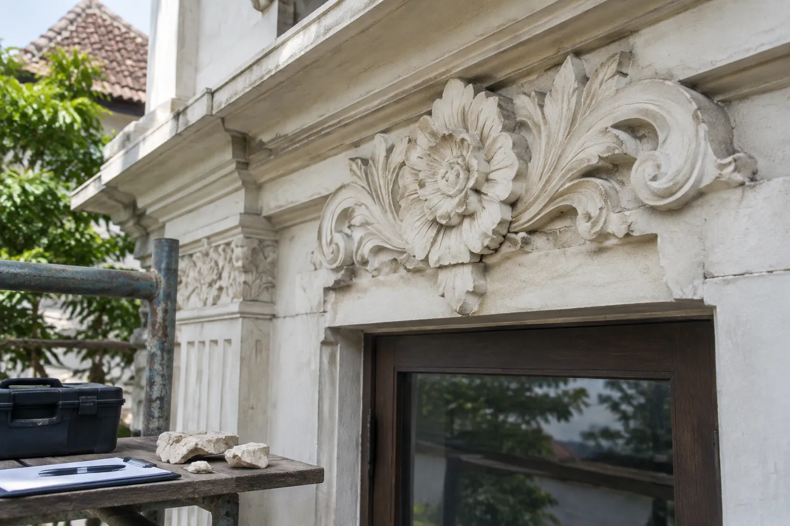 Detail ornamen fasad di atas jendela