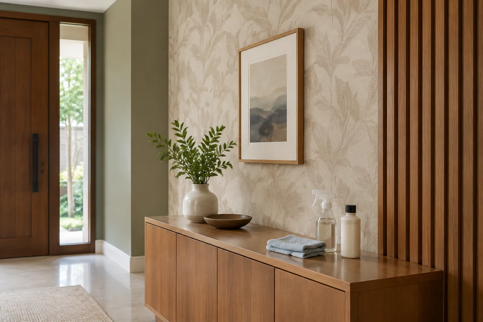 Foyer dengan wallpaper dan panel kayu di dekat kabinet