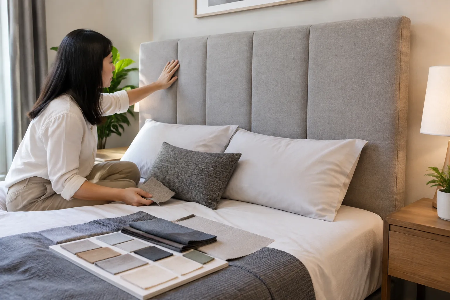 Seseorang memeriksa permukaan headboard berlapis kain di kamar tidur