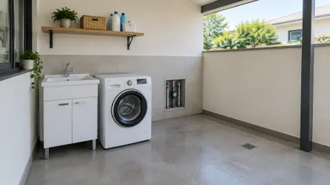 Area cuci dengan wastafel, mesin cuci, dan bukaan udara