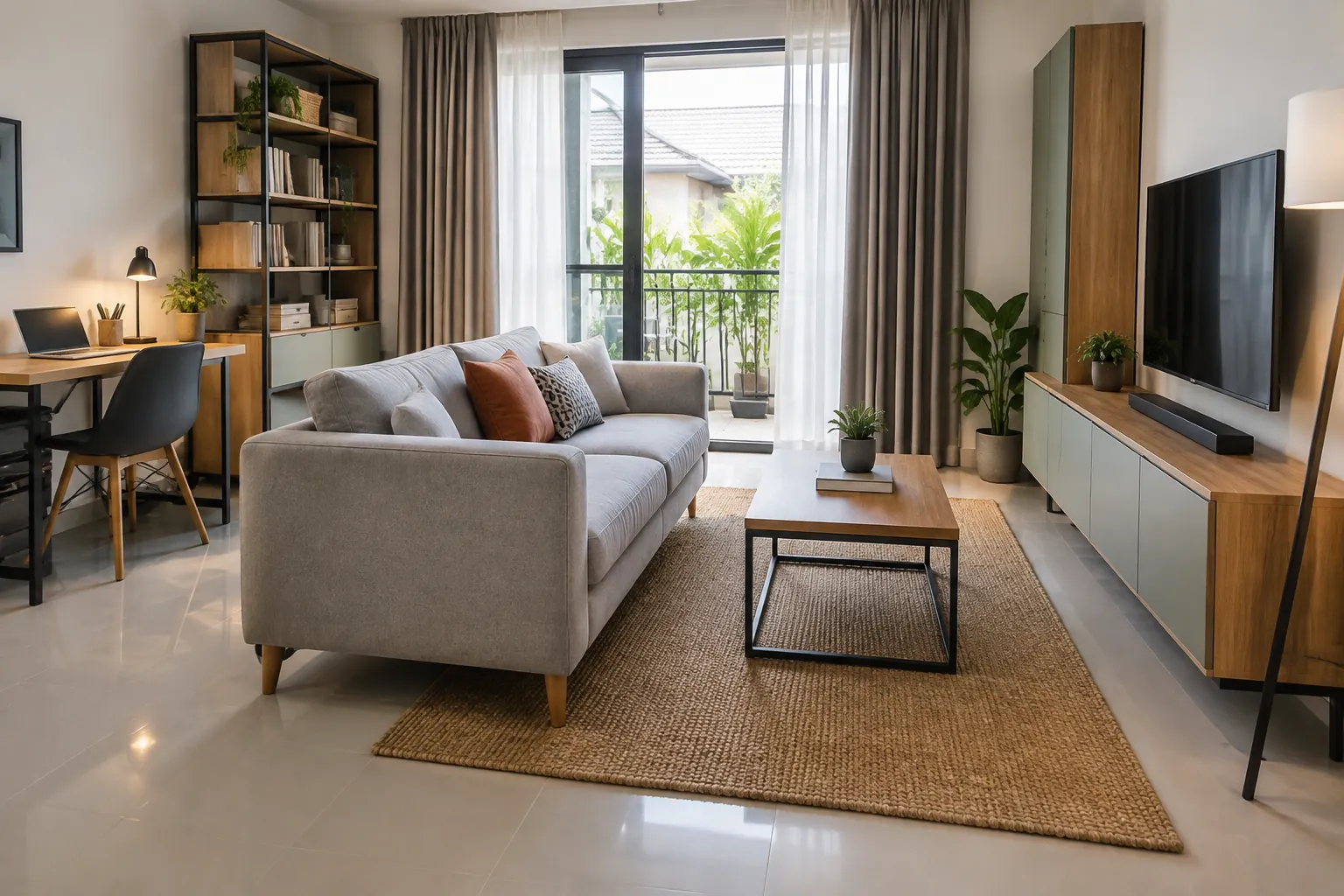 Ruang tamu dengan sofa dan meja kerja kecil dekat rak