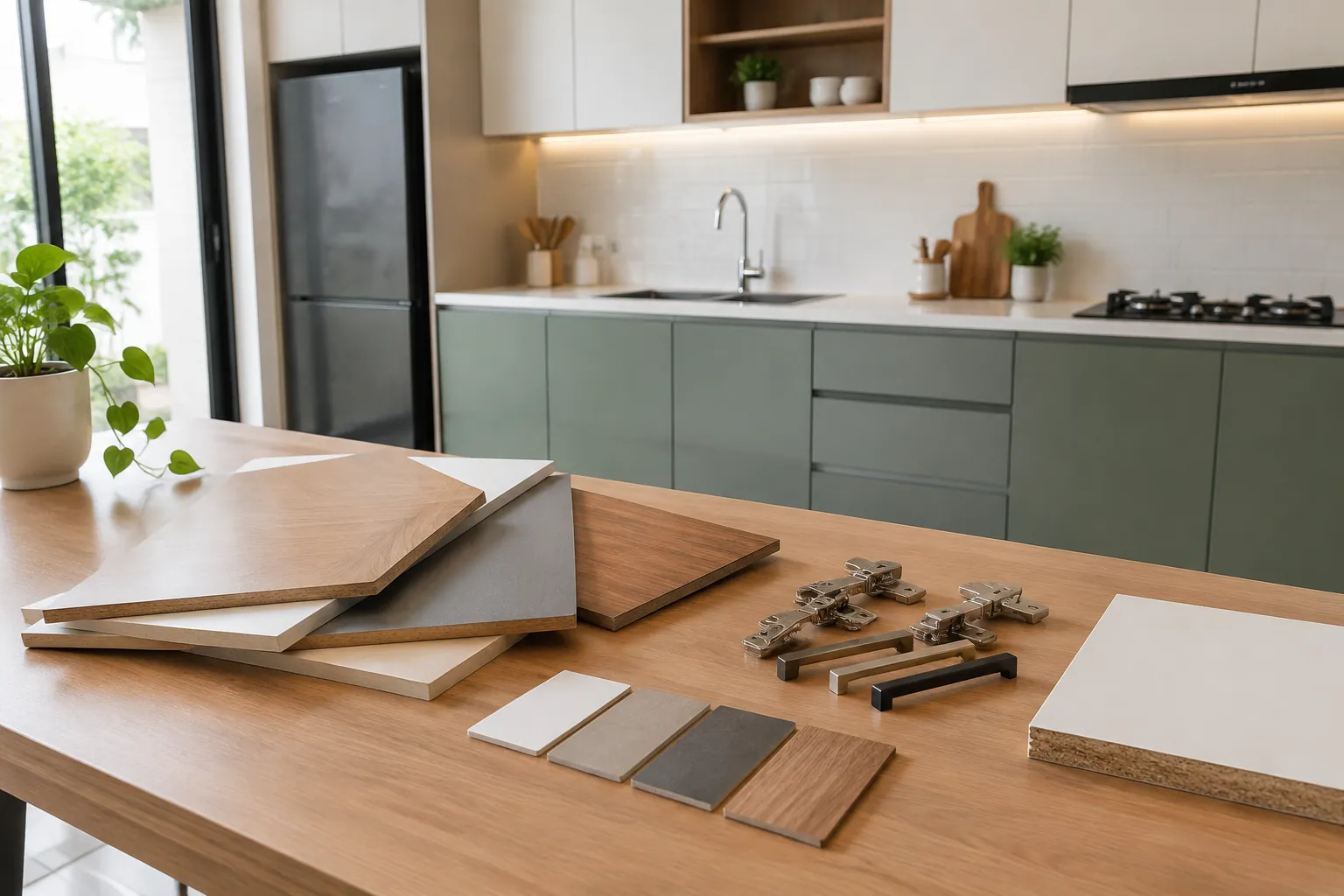 Contoh papan, engsel dan rel laci disiapkan di depan dapur