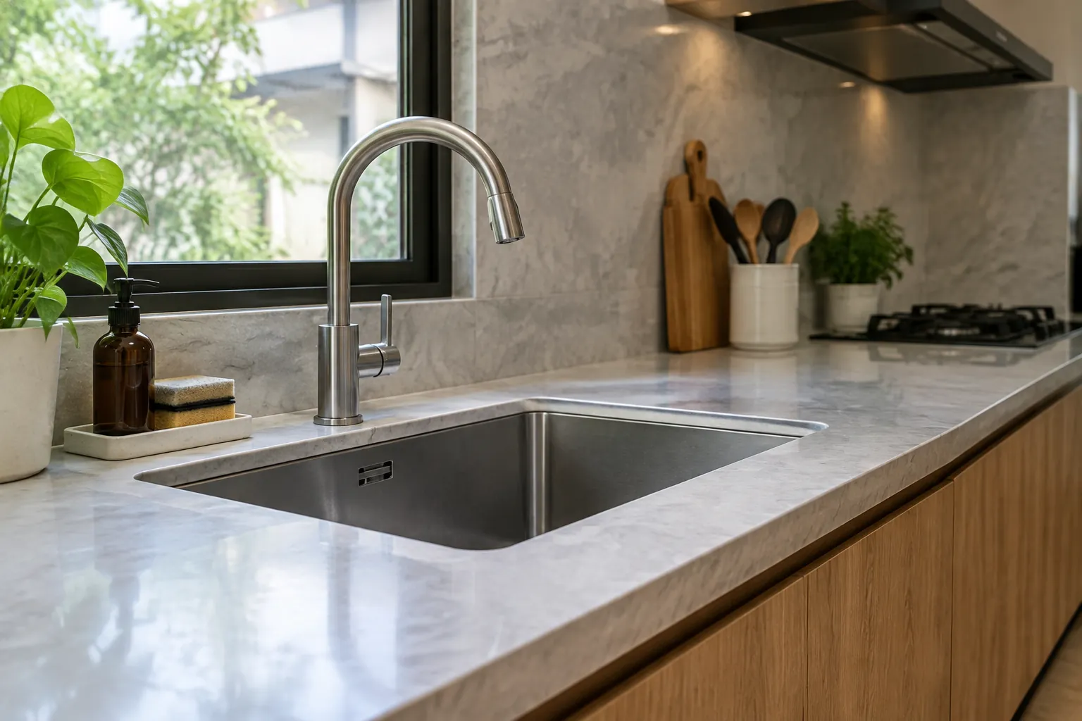 Wastafel dapur dan keran logam di atas kabinet kayu