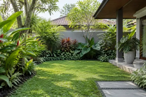 Taman rumah dengan tanaman tropis dan hamparan rumput