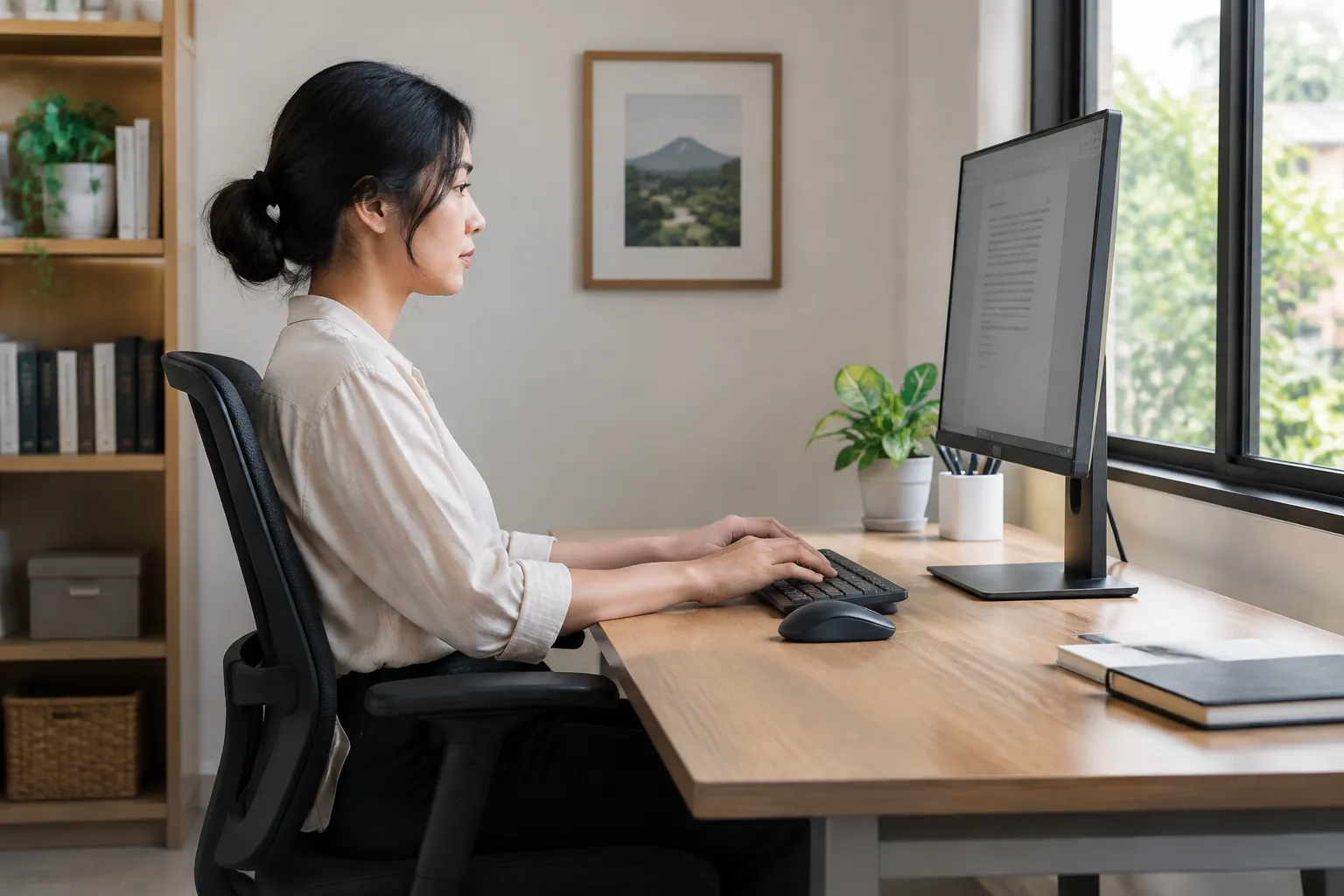 Seseorang duduk tegak di depan monitor ruang kerja