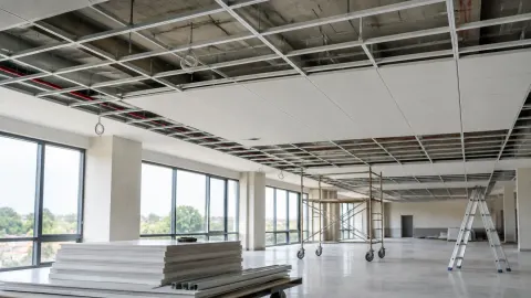 Rangka dan sebagian panel plafon di ruang berukuran besar