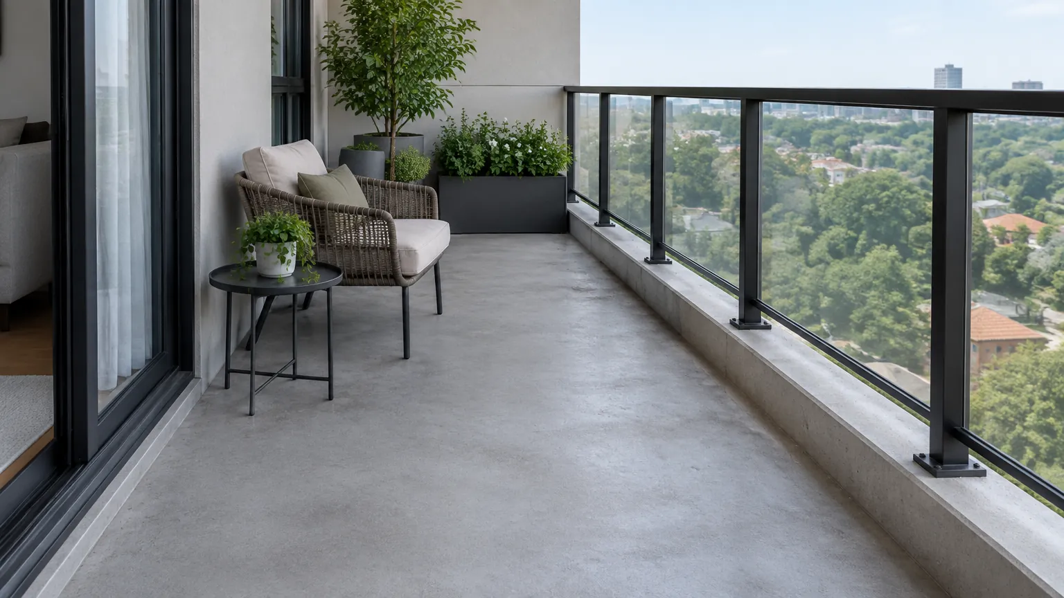 Balkon apartemen dengan kursi, tanaman, dan pagar kaca