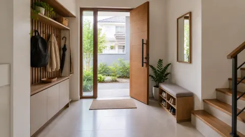 Foyer dengan rak gantung, bangku, dan pintu masuk