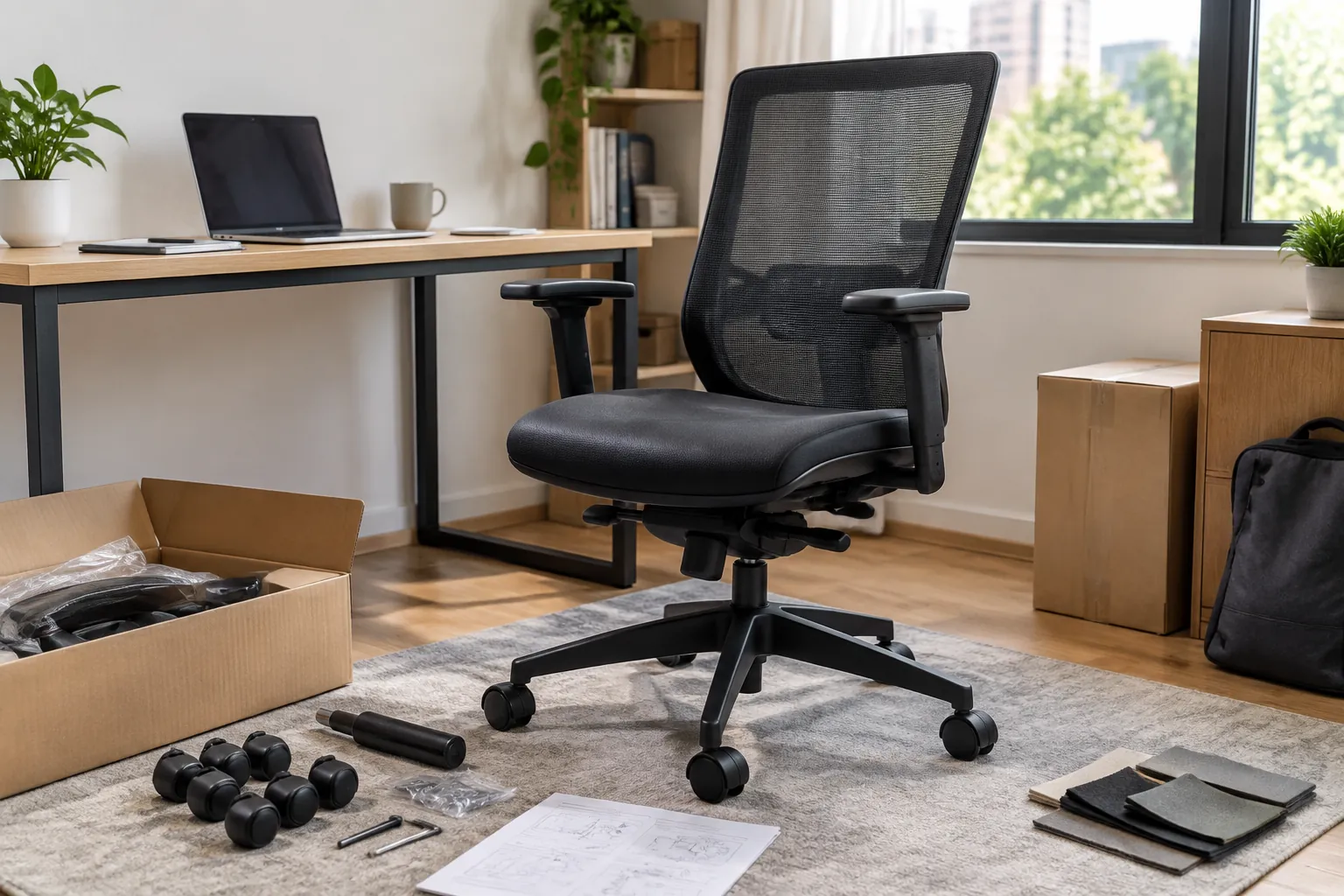 Kursi kantor dengan perlengkapan kerja di sekitarnya