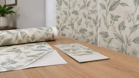 Wallpaper bermotif daun dan gulungan sampel di meja