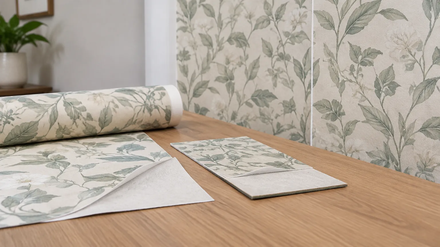 Wallpaper bermotif daun dan gulungan sampel di meja